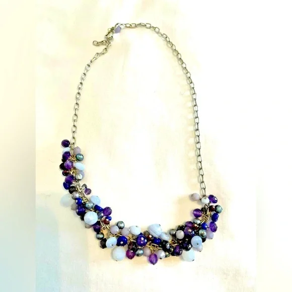 Necklace Purple Beads Choker on Silver Chain Clasp - Picture 2 of 5